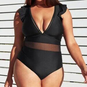 NWT Black Plus Size V Neck Ruffle One Piece Bathing Suit Size 3X
